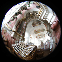 Weingarten, Basilika  St. Martin, Spieltisch mit darberliegendem Glockenspiel in Weintraubenform