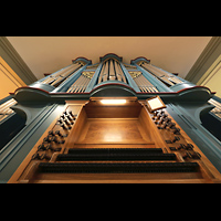 La Tour-de-Peilz, Temple de Saint-Thodule, Orgel mit Spieltisch perspektivisch