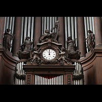 Paris, Saint-Sulpice, Details, Uhr und Figurenschmuck am Orgelgehuse