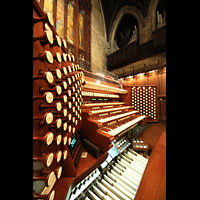 New York City, First Presbyterian Church, Spieltisch mit Blick zur Orgel