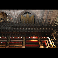 Chester, Cathedral, Pfeifen des Choir und Chorgesthl von oben