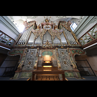 Salzburg, Stiftskirche St. Peter, Hauptorgel mit Spieltisch perspektivisch