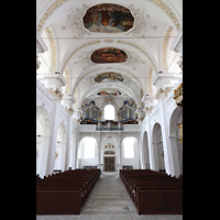 Disentis, Benediktinerkloster, Klosterkirche St. Martin, Innenraum in Richtung Hauptorgel