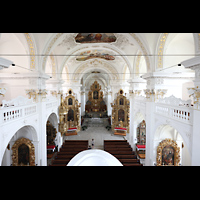 Disentis, Benediktinerkloster, Klosterkirche St. Martin, Blick von der Orgelempore �ber das R�ckpositiv in die Kirche