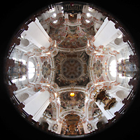 Einsiedeln, Benediktinerabtei, Gesamter Innenraum, in der Mitte die Abendmahlskuppel