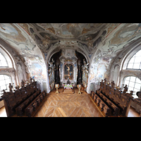 Einsiedeln, Benediktinerabtei, Blick vom 'K�nzeli' in den oberen Chor mit Chorgest�hl von Michael Hartmann, 1680