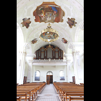 Engelberg, Klosterkirche (Chororgel), Innenraum in Richtung Hauptorgel