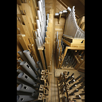 Engelberg, Klosterkirche (Chororgel), Pfeifen des Kleinpedals (Subbass, Stillged., 8', 4', Aliquote, Hintersatz, Fagott)