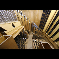 Engelberg, Klosterkirche (Chororgel), Pfeifen des Kleinpedals (Subbass, Stillged., 8', 4', Aliquote, Hintersatz, Fagott)