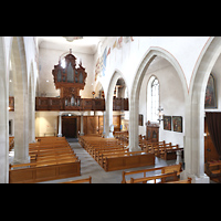 Luzern, Franziskanerkirche St. Maria in der Au, Blick von der Kanzel ins Hauptschiff und zur Hauptorgel