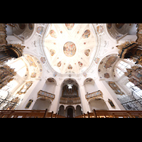 Muri, Klosterkirche (Epistelorgel), Innenraum in Richtung Hauptorgel mit Blick in die Kuppel