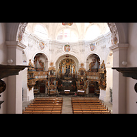 Muri, Klosterkirche (Epistelorgel), Blick �ber das R�ckpositiv in die Kirche und auf die beiden anderen Orgeln