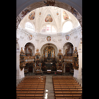 Muri, Klosterkirche (Epistelorgel), Blick �ber das R�ckpositiv in die Kirche und auf die beiden anderen Orgeln
