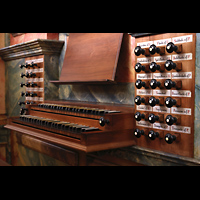 Muri, Klosterkirche (Epistelorgel), Spieltisch der Hauptorgel seiltich