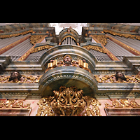 Muri, Klosterkirche (Epistelorgel), Hauptorgelprospekt perspektivisch - Blick vom Spieltisch nach oben