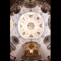 Muri, Klosterkirche (Epistelorgel), Blick in die Kuppel und auf alle drei Orgeln