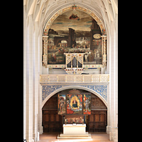 Halle (Saale), Marktkirche unserer Lieben Frauen (Chororgel), Ostwand mit Chororgel, Altarbild (Cranach) und gro�em Bild (Lichtenfelser)