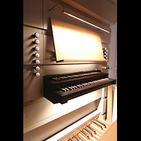 Hamburg - Harvestehude, Hauptkirche St. Nikolai (Taufkapelle), Spieltisch der Orgel in der Taufkapelle, seitlich