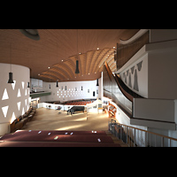 Hamburg - Harvestehude, Hauptkirche St. Nikolai (Taufkapelle), Seitlicher Blick von der Hauptorgelempore in die Kirche und zum Chorwerk (li.)