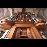 Marburg, St. Marien, Orgel mit Spieltisch perspektivisch