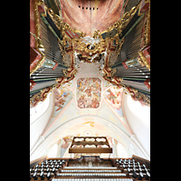 Ochsenhausen, Klosterkirche St. Georg, Blick vom Hauptorgelspieltisch nach oben aufs mittlere Prospektfeld