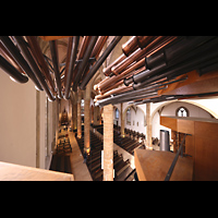 Blick vom Positiv unter den Chamaden in die Kirche Rheine, St. Dionysius, Blick vom Positiv unter den Chamaden in die Kirche