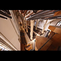 Blick vom Positiv unter den Chamaden in die Kirche Rheine, St. Dionysius, Blick vom Positiv unter den Chamaden in die Kirche