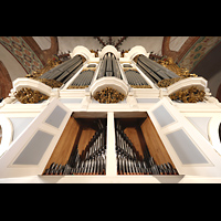 Schleswig, Dom St. Petri (Chororgel), Hauptorgel mit Brustwerk vom Spieltisch aus gesehen