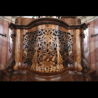 Weingarten, Basilika St. Martin - Groe Orgel, Intarsienarbeiten am Spieltisch der Hauptorgel