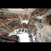 Weingarten, Basilika St. Martin - Groe Orgel, Seitlicher Blick ber den Spieltisch und das Glockenspiel nach oben