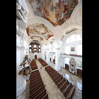 Weingarten, Basilika  St. Martin, Seitlicher Blick von einem Bauger�st aus ca. 10 m H�he auf Orgel und Kanzel