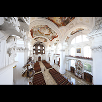 Weingarten, Basilika  St. Martin, Seitlicher Blick von einem Bauger�st aus ca. 10 m H�he auf Orgel und Kanzel