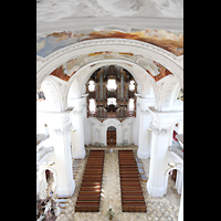 Weingarten, Basilika  St. Martin, Blick vom Bauger�st 2026 unter der Kuppel zur Hauptorgel (ohne Kunstlicht)