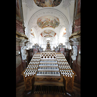 Weingarten, Basilika St. Martin - Chororgel, Blick über den Spieltisch in die Basilika