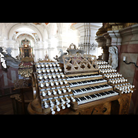 Weingarten, Basilika St. Martin - Chororgel, Spieltisch der Gabler-Orgel seitlich