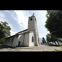 Vevey, Temple Saint-Martin, Turm und Hauptportal seitlich