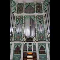 Görlitz, St. Peter und Paul (Sonnenorgel), Orgelprospekt mit Spieltisch von eienr Hebebühne aus fotografiert