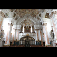 Metten, Benediktinerabtei, Pfarr- und Stiftskirche St. Michael, Innenraum in Richtung Orgel