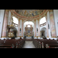 Waldsassen - Kappl, Dreifaltigkeitskirche (Wallfahrtskirche der Heiligsten Dreifaltigkeit), Innenraum in Richtung Altar