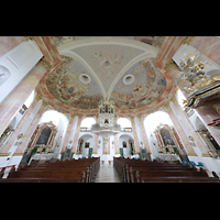Waldsassen - Kappl, Dreifaltigkeitskirche (Wallfahrtskirche der Heiligsten Dreifaltigkeit), Innenraum in Richtung Orgel