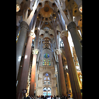 Barcelona, La Sagrada Familia (Krypta-Orgel), Blick vom Evangeliumsportal am südwestlichen Querhaus zum nordöstlichen Portal