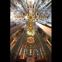 Barcelona, La Sagrada Familia (Chororgel), Vierung mit Orgel und Blick auf die baumförmigen Säulen und das Deckengewölbe