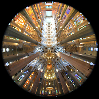 Barcelona, La Sagrada Familia (Krypta-Orgel), Gesamter Innenraum mit Blick aufs Deckengewölbe