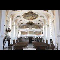 Herbolzheim, St. Alexius (Emporenorgel), Innenraum in Richtung Orgel