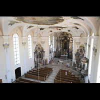 Herbolzheim, St. Alexius (Chororgel), Blick von der >Orgelempore in die Kirche und zur Chororgel