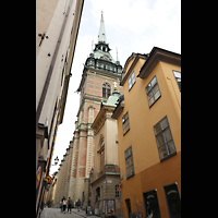 Stockholm, Deutsche St. Gertruds-Kirche (Düben-Orgel), Tyska brinken mit Blick auf die Nordwestseite der Kirche