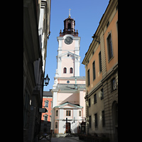 Stockholm, Domkyrka (S:t Nicolai kyrka, Storkyrkan), Blick vom Trångsund auf den Kirchturm
