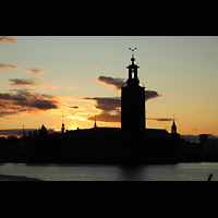 Stockholm, City Hall, Blick von Riddarsholmen zum Stadshus - Abendstimmung