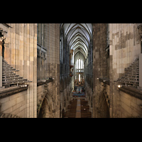 Kln (Cologne), Dom St. Peter und Maria, Blick von den Hochdrucktuben an der Westwand in den Dom und zur Langhausorgel