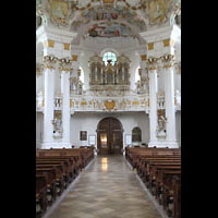 Steingaden - Wies, Wieskirche - Wallfahrtskirche zum gegeißelten Heiland, Innenraum in Richtung Orgel
